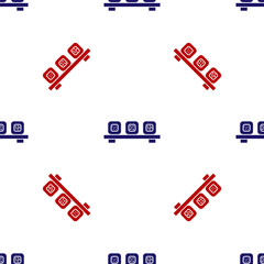 Blue and red Sushi on cutting board icon isolated seamless pattern on white background. Asian food sushi on wooden board. Vector.