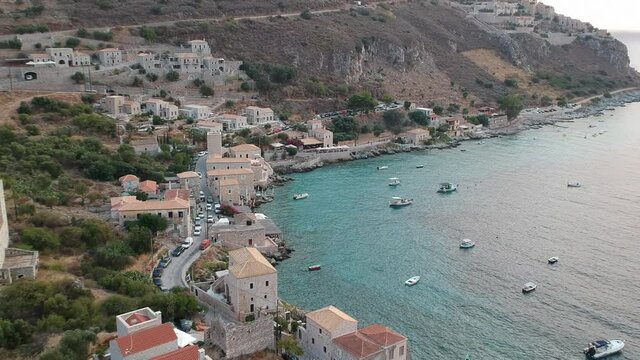 Iconic aerial view over the picturesque famous Limeni village in Mani area Laconia, Greece