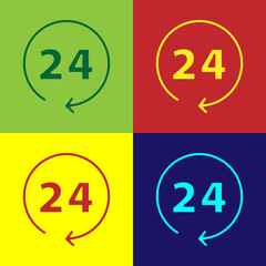 Pop art Clock 24 hours icon isolated on color background. All day cyclic icon. 24 hours service symbol. Vector