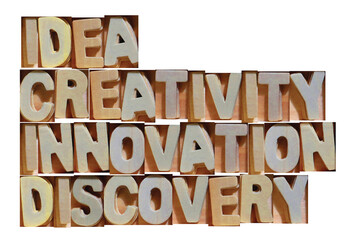 Idea creativity innovattion discovery, text words typography written on wooden, life and business motivational inspirational