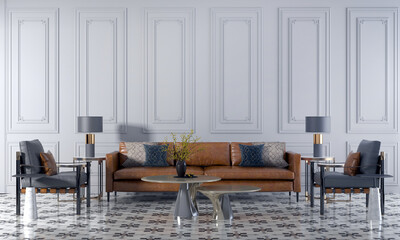 Modern interior mock up furniture and decoration of luxury living room design and white pattern wall texture background 3d rendering