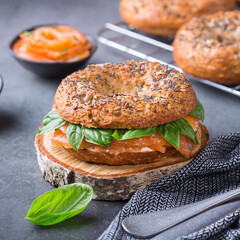 Bagels with cream cheese and salmon. Plating, fast lunch, meal. 