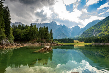 Small Lake of Fusine (Lago Superiore di Fusine) and the Mountain Range of Mount Mangart, Julian...