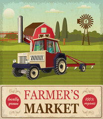 Farmers market poster template with tractor. Vector illustration