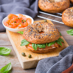 Bagels with cream cheese and salmon. Plating, fast lunch, meal. 