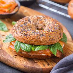 Bagels with cream cheese and salmon. Plating, fast lunch, meal. 