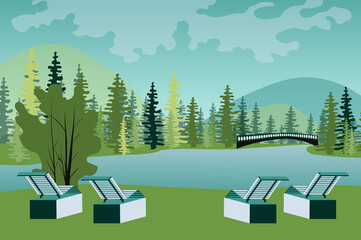 Park with sun loungers by lake landscape background in flat style. View of forest, seats for relaxing, bridge river. Comfortable chairs by lakeside. Nature scenery. Vector illustration of web banner