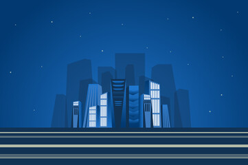 Fototapeta premium Night skyscrapers landscape background in flat style. Cityscape with high towers, silhouette of houses, business part of city, metropolis panorama. Nature scenery. Vector illustration of web banner