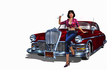 Sexy girl repairing a retro car isolated on white background. 