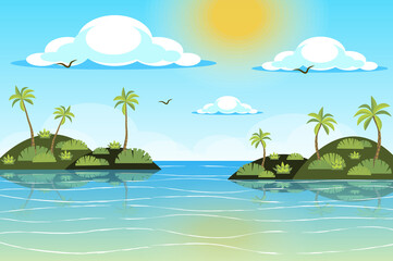 Sun shines over tropical islands landscape background in flat style. Palm trees at seashore, waves ocean water, flying birds, seaside resort panorama. Nature scenery. Vector illustration of web banner