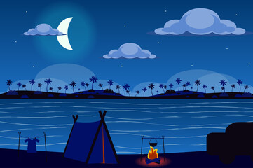 Tent on shore of tropical island at night landscape background in flat style. Tent camp and bonfire, overnight outdoor travel, seaside recreation. Nature scenery. Vector illustration of web banner