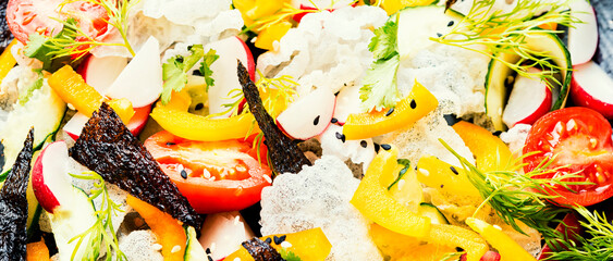 Vegetarian spring salad with fresh vegetables,food background