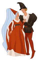 Obraz premium Medieval couple, man and woman in old costumes