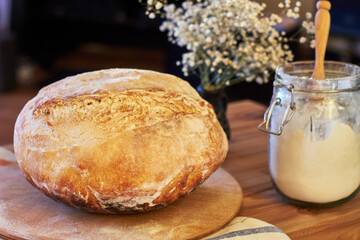 Homemade sourdough bread, side view.