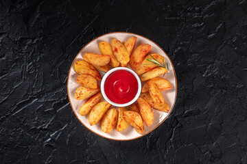 Baked potato wedges, shot from the top on a black slate background