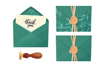 Craft envelope with thank you hand lettering letter. Cartoon vector illustration.	