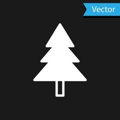 White Christmas tree icon isolated on black background. Merry Christmas and Happy New Year. Vector