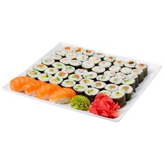 Sushi set isolated on white. Japanese cuisne traditional. Sushi with sesame seeds, Philadelphia cheese and salmon.