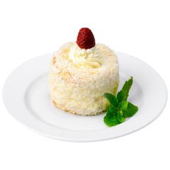 on white plate isolated on white background. Delicious sweet coco cake for tea or coffee time