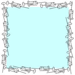 Vector square frame made of contoured syringes. Border, decoration, background on the theme of injections, treatment, vaccination, health and medicine for medical design in the style of doodles