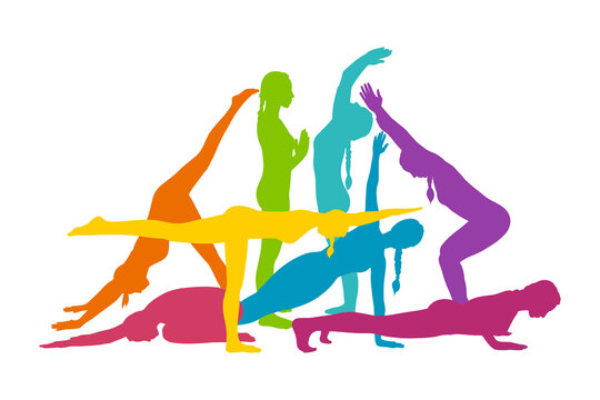 Rainbow woman silhouettes practicing yoga asanas. Sportive woman in yoga movements. Vector illustration isolated in white background
