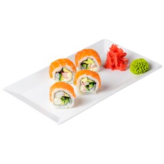Sushi set isolated on white. Japanese cuisne traditional. Sushi with sesame seeds, Philadelphia cheese and salmon.