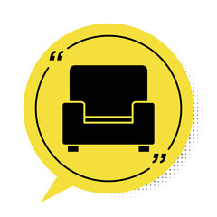 Black Armchair icon isolated on white background. Yellow speech bubble symbol. Vector