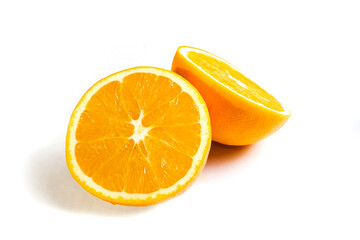 two slices of orange on a white isolated background. sliced orange