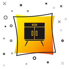 Black Chest of drawers icon isolated on white background. Yellow square button. Vector