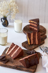 Chocolate cake on white background. Side view