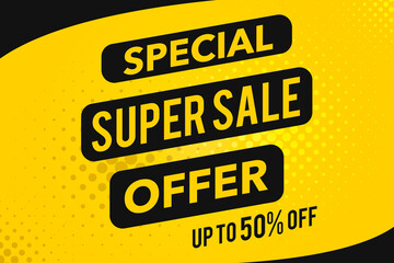 Super Sale trendy banner, special offer poster with modern dot pattern on yellow background