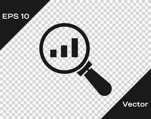 Black Magnifying glass and data analysis icon isolated on transparent background. Vector