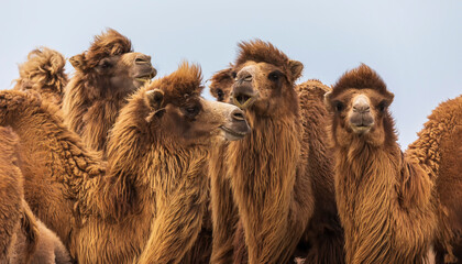 A herd of camels looking at the camera