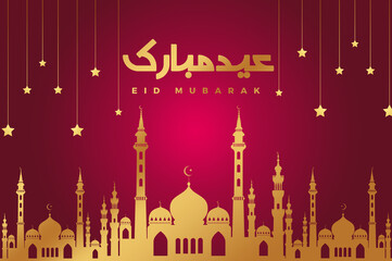 eid mubarak background design with stars and mosque and arabic lettering