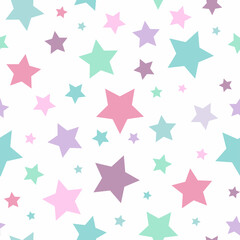 Seamless abstract pattern with pink and blue sharp stars on white background.