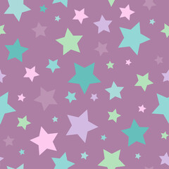 Seamless abstract pattern with stars of different colors and size. Purple background. Vector illustration.