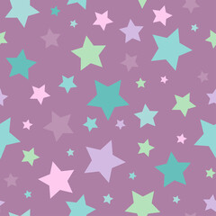 Obraz premium Seamless abstract pattern with stars of different colors and size. Purple background. Vector illustration.