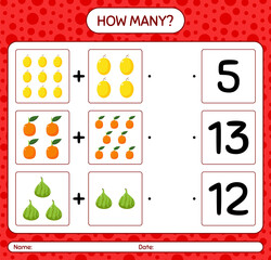 How many counting game with fruit. worksheet for preschool kids, kids activity sheet, printable worksheet