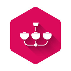 White Chandelier icon isolated with long shadow background. Pink hexagon button. Vector