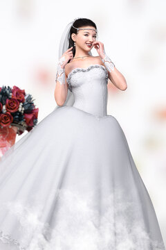 花の置物の前に笑顔ではにかむ純白のウエディングドレスを着た花嫁が立つ
