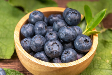 Fresh Blueberries on wooden tray with green leaves background.
