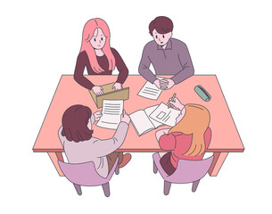 Students are gathering and studying. hand drawn style vector design illustrations. 