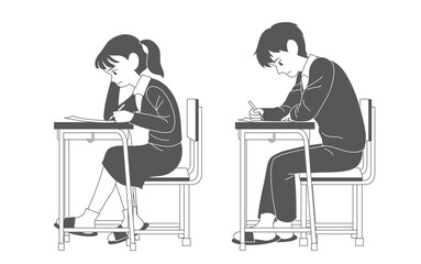 Students in school uniforms are taking an exam. hand drawn style vector design illustrations. 