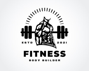 fitness gym body builder muscular model art logo design template illustration