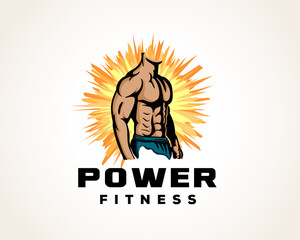 man body muscular result fitness athlete gym logo design template vector illustration