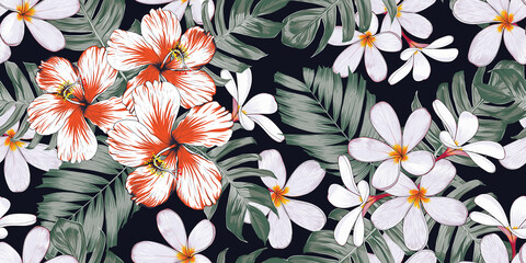 Seamless pattern floral with Hibiscus frangipani flowers and palm leaves abstract background.Vector illustration hand drawn.For fabric fashion print design or product packaging. © NOPPHACHAI
