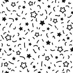 Seamless pattern with little rounded back stars, dots and strokes on white background.