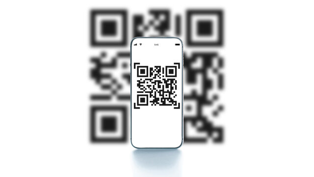Qr code technology. Mobile smartphone screen for payment, online pay, scan barcode technology with qr code scanner on digital smart phone. Hands using mobile phone application to scan code.