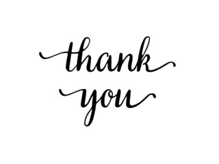 Thank you lettering in black. Calligraphic font on a white background. Postcard. Thanks.