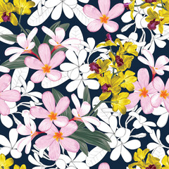 Seamless pattern floral with pink pastel Frangipani and Orchid flowers abstract background.Vector illustration hand drawn line art.for fabric textile print design